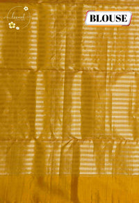 LSK6127 Sky blue and mustard yellow silk saree with fine zari stripes, dramatically contrasting a border gold pallu with woven motifs.