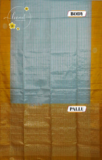 LSK6127 Sky blue and mustard yellow silk saree with fine zari stripes, dramatically contrasting a border gold pallu with woven motifs.