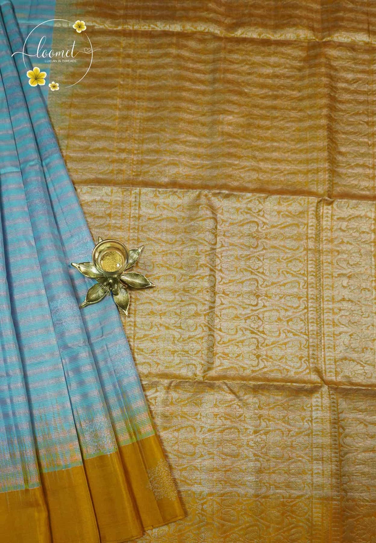 LSK6127 Sky blue and mustard yellow silk saree with fine zari stripes, dramatically contrasting a border gold pallu with woven motifs.
