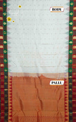 LSK6129 White silk saree with multicoloured Ikat-style temple design and gold pallu with gold zari motifs.