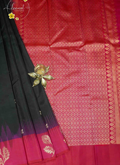 LSK6131 Black and Rani Pink silk saree with densely woven floral design border and geometric pattern on pallu.