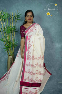 MKF3230 Off-White Kerala Kasavu Cotton saree with maroon warli tribal prints.