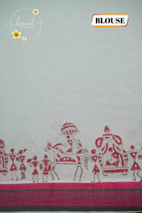MKF3230 Off-White Kerala Kasavu Cotton saree with maroon warli tribal prints.
