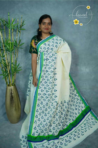 MKF3232 Off-White Kerala Kasavu Cotton saree with Paisley Motifs