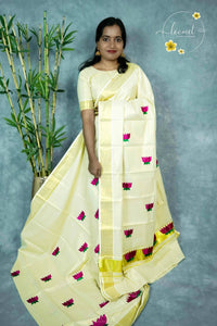 MKF3240 Light Gold Cotton Tissue saree with lotus motifs.