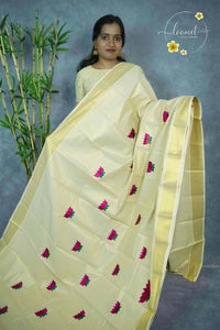 MKF3240 Light Gold Cotton Tissue saree with lotus motifs.