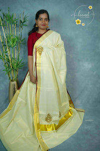 MKF3250 Light Gold Cotton Tissue saree with Hand-worked Leaf aari work motifs.