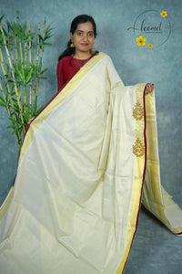 MKF3250 Light Gold Cotton Tissue saree with Hand-worked Leaf aari work motifs.