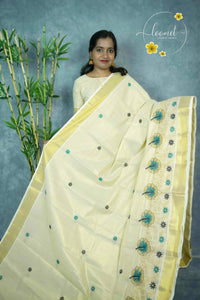 MKF3260 Light Gold Cotton Tissue saree with Embroidered Hibiscus Motifs