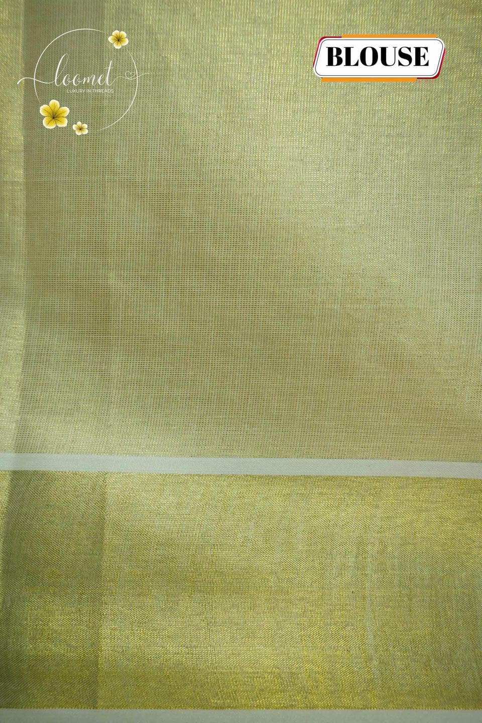 MKF3262 Cream saree features a golden border and vibrant green leaf embroidery scattered across the entire fabric.