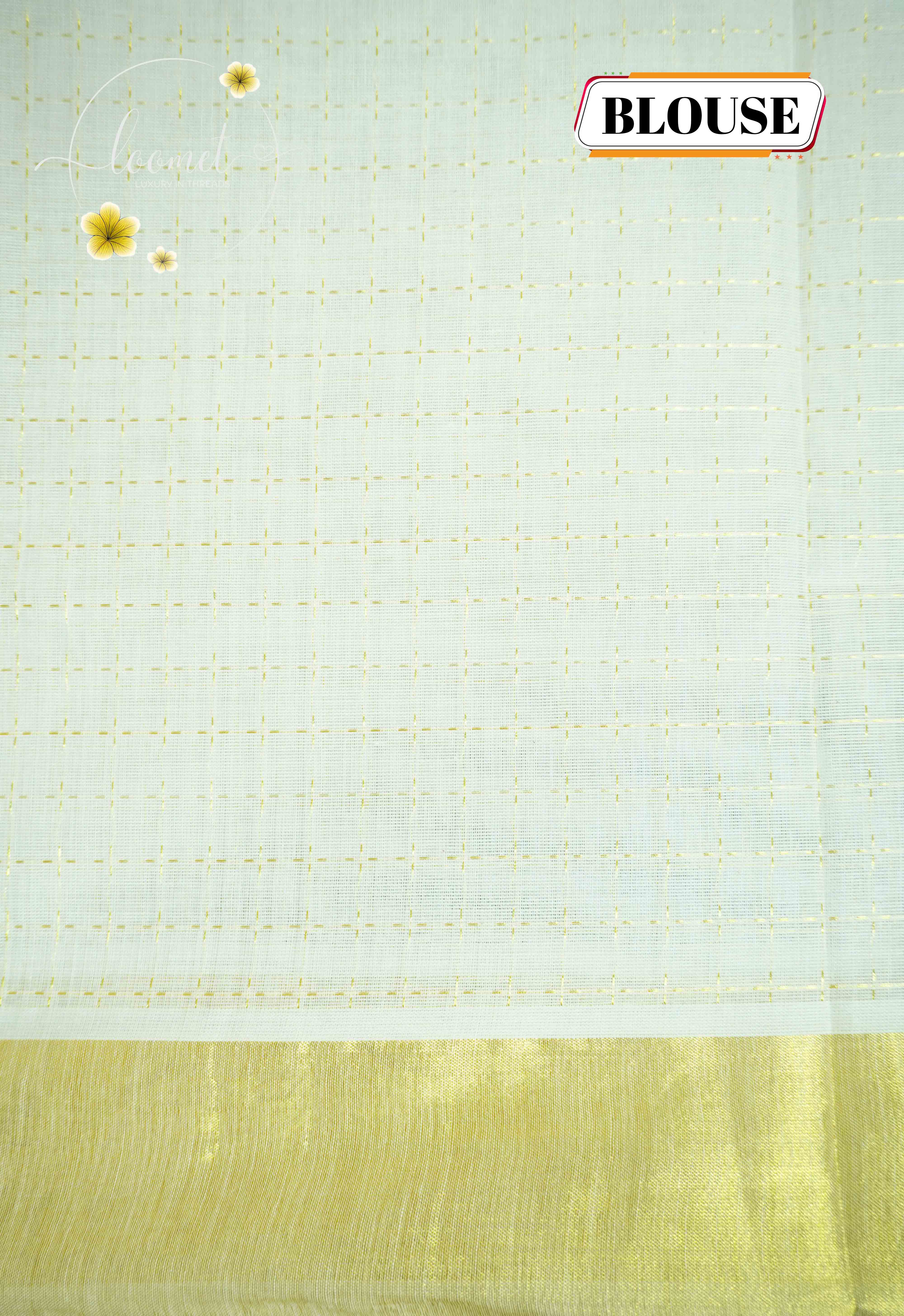 MKF3280 Off-white Kerala cotton saree featuring a minimalist check pattern and a striking traditional golden zari border and pallu.