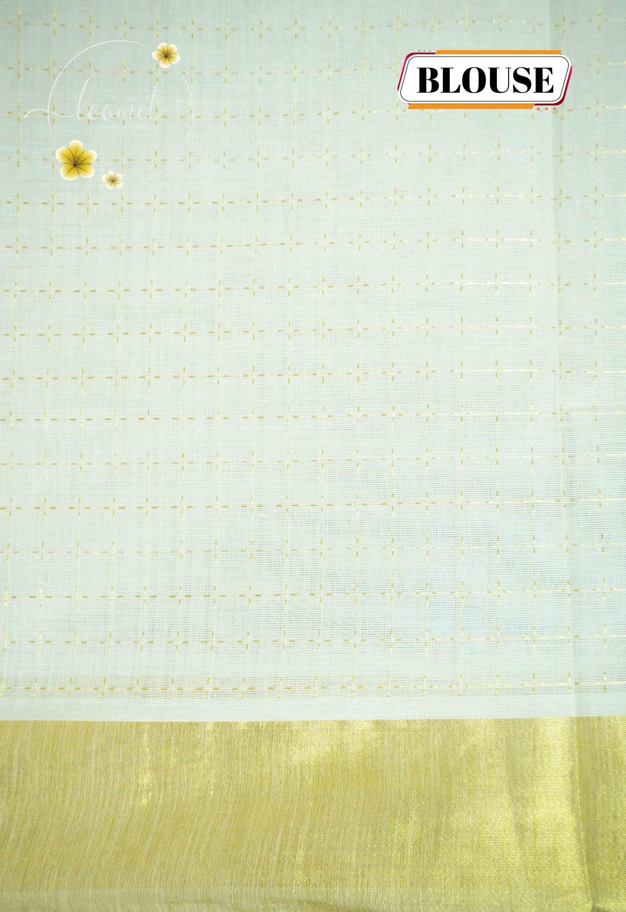 MKF3280 Off-white Kerala cotton saree featuring a minimalist check pattern and a striking traditional golden zari border and pallu.