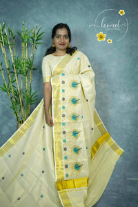 MKF3260 Light Gold Cotton Tissue saree with Embroidered Hibiscus Motifs