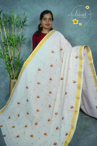 MKF3270 Off-White Kerala Kasavu Cotton saree with horizontal stripes and Peacock Buttas