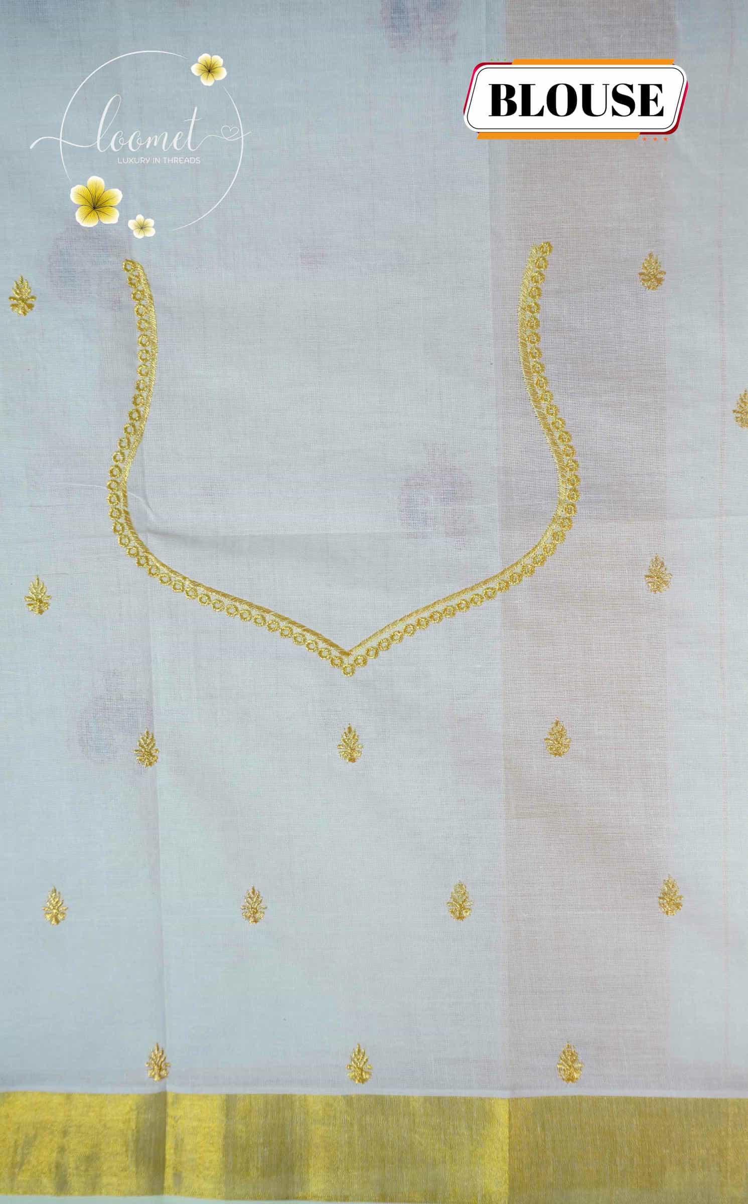 MKF3270 White saree features a golden zari border and horizontal lines adorned with small peacock and floral embroidery.