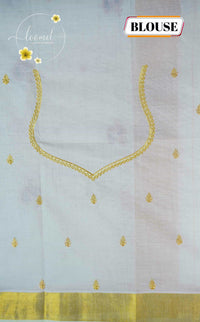 MKF3270 Off-White Kerala Kasavu Cotton saree with horizontal stripes and Peacock Buttas