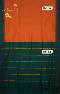 MPS1321 Emerald Green and Burnt Orange Kalyani Cotton saree with gold zari stripes.