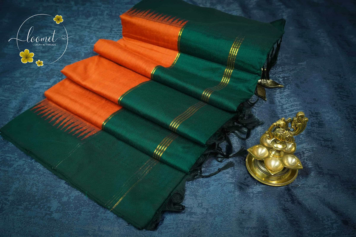 MPS1321 Emerald Green and Burnt Orange Kalyani Cotton saree with gold zari stripes.