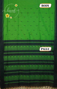 MPS1322 Jet Black and Parrot Green Kalyani Cotton saree with temple buttas.