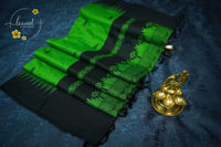 MPS1322 Jet Black and Parrot Green Kalyani Cotton saree with temple buttas.