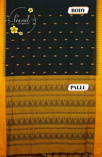 MPS1323 Jet Black and Golden Yellow Kalyani Cotton saree with temple buttas.
