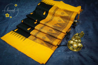 MPS1323 Jet Black and Golden Yellow Kalyani Cotton saree with temple buttas.