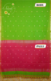 MPS1533 Parrot Green and Peach-Orange Maheshwari Cotton with floral buttas.
