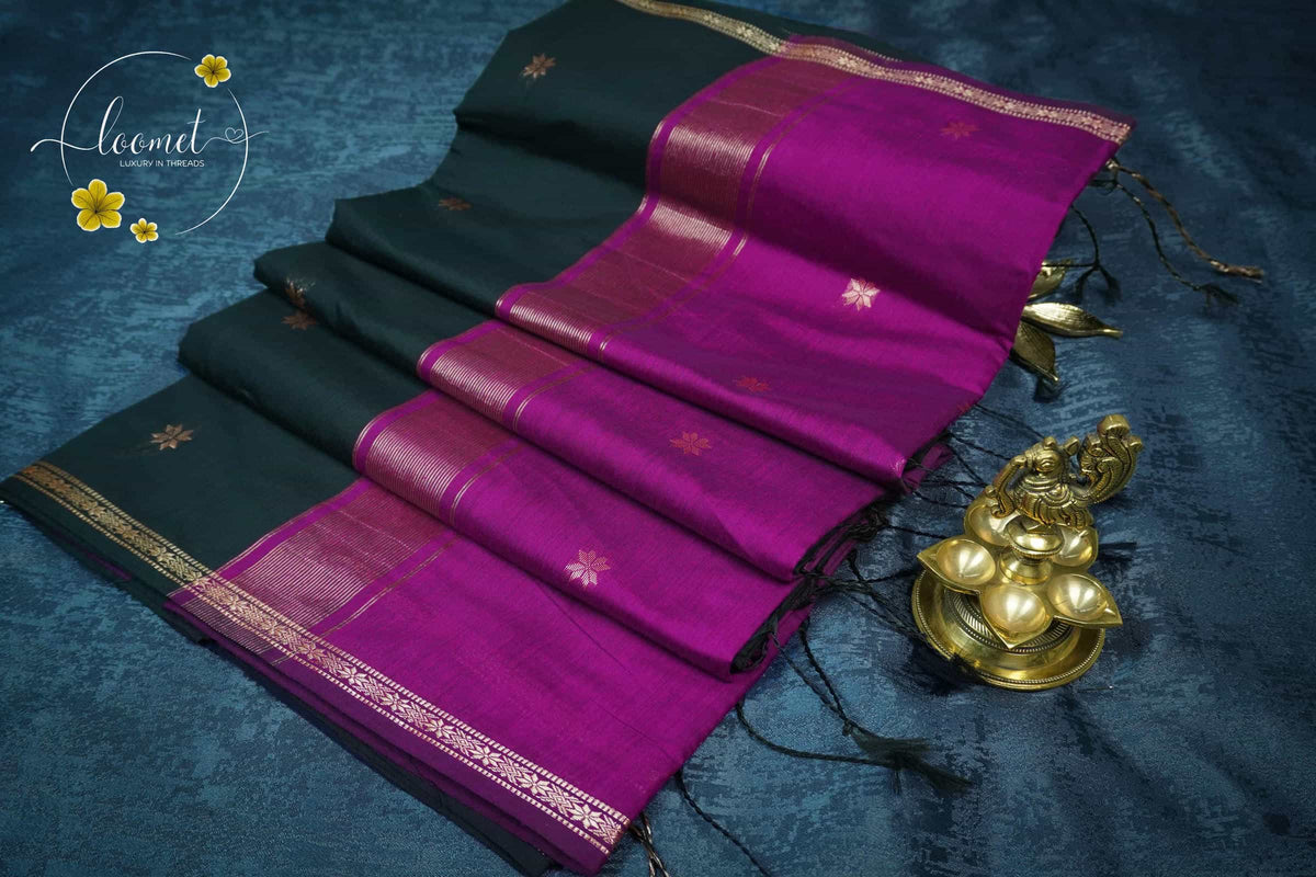 MPS1534 Black and Magenta Maheshwari Cotton with floral buttas.