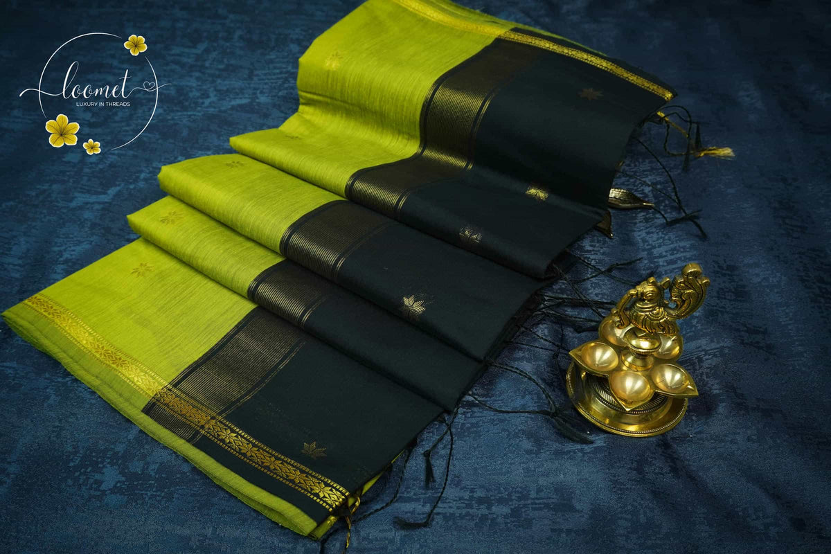 MPS1535 Lime Green and Jet Black Maheshwari Cotton with floral buttas.