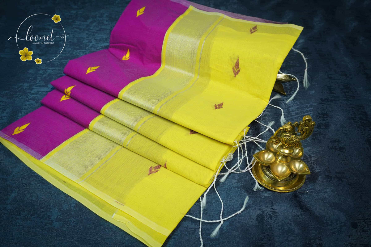 MPS1536 Magenta and Lemon Yellow Maheshwari Cotton with Leaf buttas.