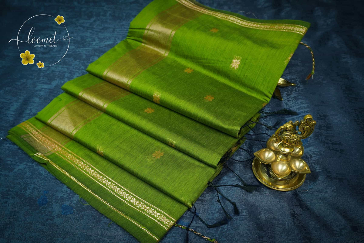 MPS1538 Leaf Green Maheshwari Cotton with floral buttas.