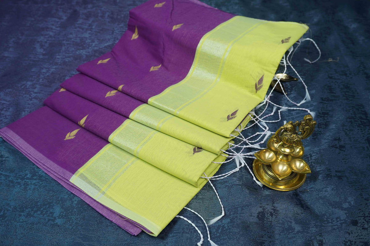 MPS1539 Grape Purple and Lime Green Maheshwari Cotton with leaf buttas.