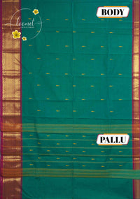MPS1650 Emerald Green Kanchi cotton saree with gold zari buttas and wavy pattern.