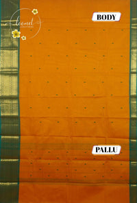 MPS1651 Yellow-Gold Kanchi cotton saree with gold zari buttas and wavy pattern.
