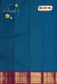 MPS1652 Teal Blue Kanchi cotton saree with gold zari buttas and wavy pattern.