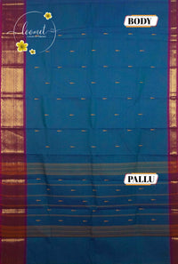MPS1652 Teal Blue Kanchi cotton saree with gold zari buttas and wavy pattern.
