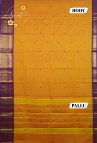 MPS1653 Mustard Yellow Kanchi cotton saree with gold zari buttas and wavy pattern.