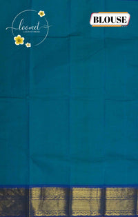 MPS1654 Turquoise Blue Kanchi cotton saree with gold zari buttas and wavy pattern.