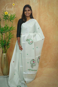 MPS2151 Pearl White Tissue saree with embroidered peacock motifs.