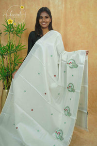 MPS2151 Pearl White Tissue saree with embroidered peacock motifs.
