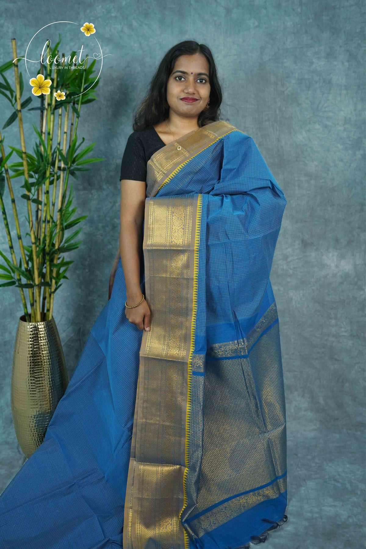 NKS1010 Cerulean Blue Handloom Cotton saree with fine Grid (Checks) pattern.