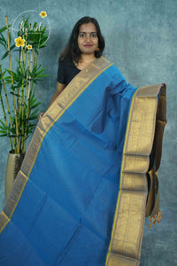 NKS1010 Cerulean Blue Handloom Cotton saree with fine Grid (Checks) pattern.
