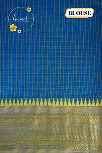 NKS1010 Cerulean Blue Handloom Cotton saree with fine Grid (Checks) pattern.