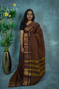 NKS1030 Coffee-brown Handloom Cotton saree with plain body pattern.