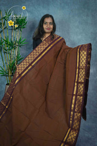 NKS1030 Coffee-brown Handloom Cotton saree with plain body pattern.