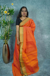 NKS1040 Orange Handloom Cotton saree with plain body pattern.