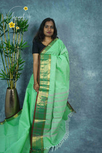 NKS1060 Seafoam Green Handloom Cotton saree with plain body pattern.