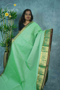 NKS1060 Seafoam Green Handloom Cotton saree with plain body pattern.