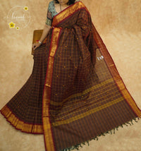 NLS1060 Deep Coffee brown Handloom Cotton saree with checked grid pattern.