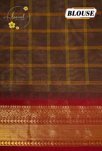 NLS1060 Deep Coffee brown Handloom Cotton saree with checked grid pattern.
